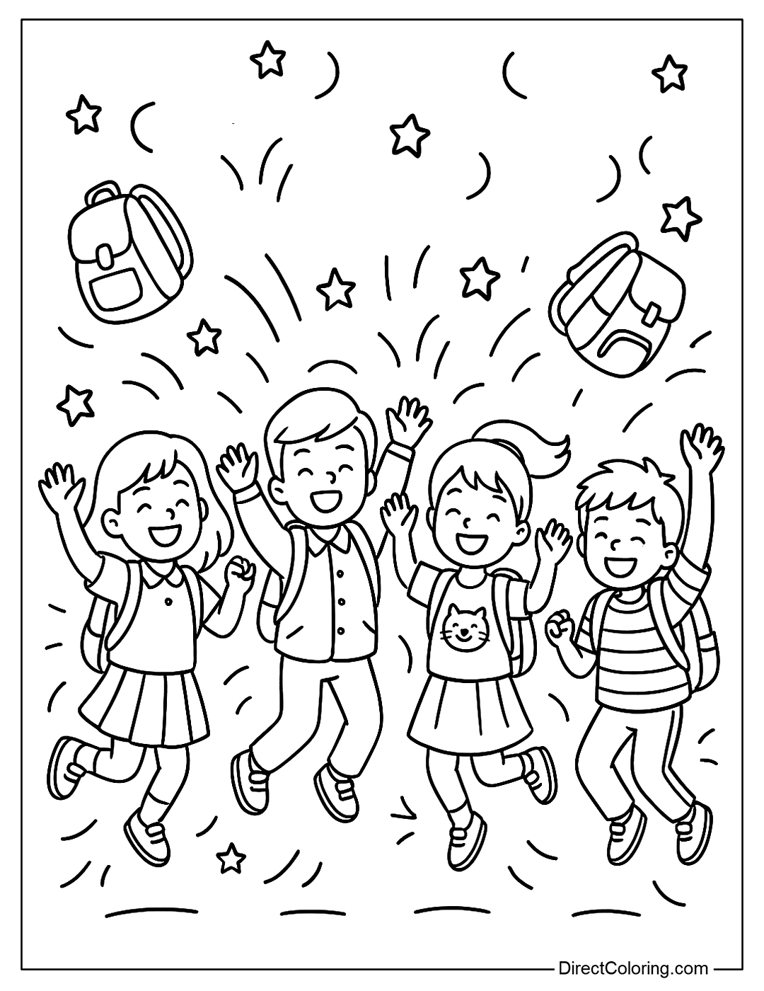 a coloring page of a group of students jumping for joy with their school bags flying in the air.
